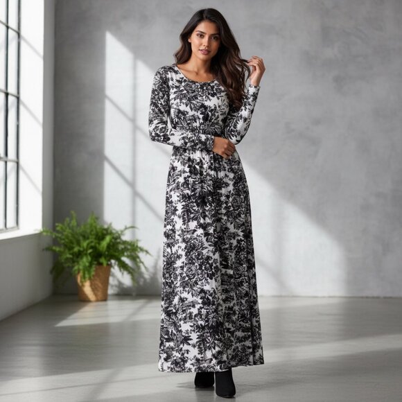 Louella Sz Medium Black & White Damask Floral Long Sleeve Modest Maxi Dress - Picture 10 of 10